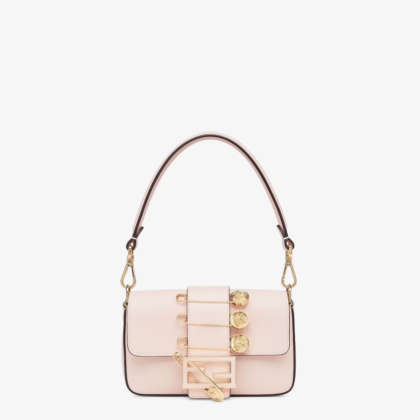 FENDI FENDI FENDACE BROOCH MINI 20 BAGUETTE BAG IN LIGHT PINK CALFSKIN