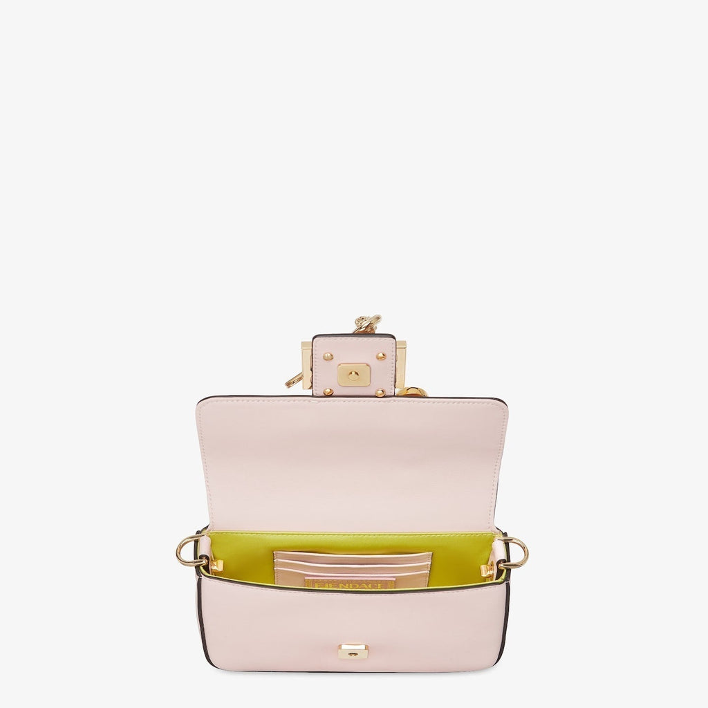 FENDI FENDI FENDACE BROOCH MINI 20 BAGUETTE BAG IN LIGHT PINK CALFSKIN