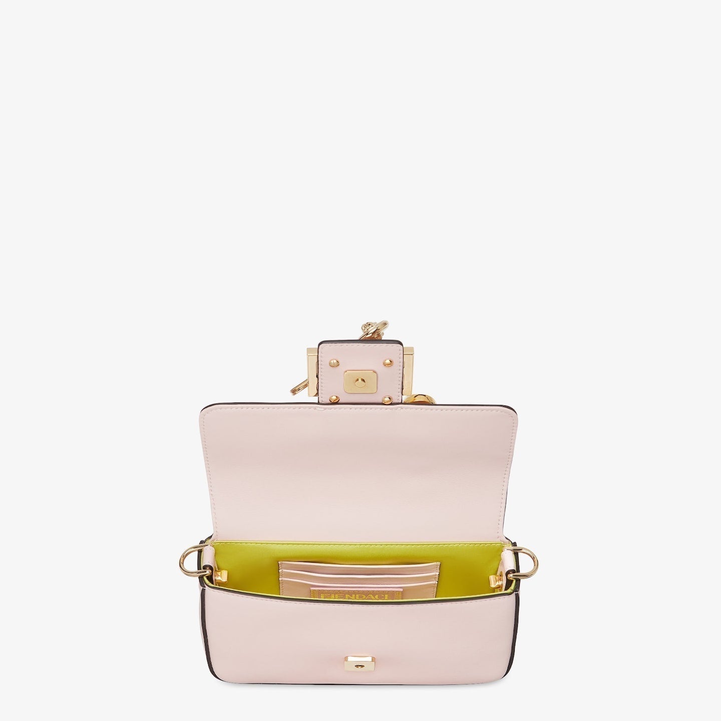 FENDI FENDI FENDACE BROOCH MINI 20 BAGUETTE BAG IN LIGHT PINK CALFSKIN
