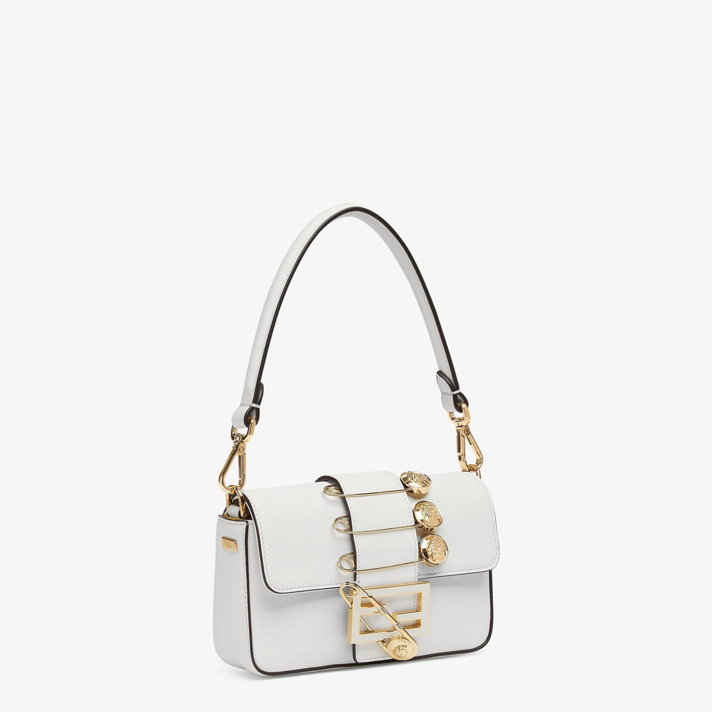 FENDI FENDI FENDACE BROOCH MINI 20 BAGUETTE BAG IN WHITE CALFSKIN