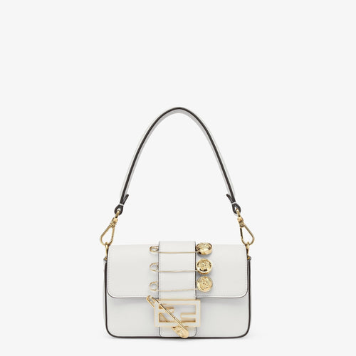 FENDI FENDI FENDACE BROOCH MINI 20 BAGUETTE BAG IN WHITE CALFSKIN