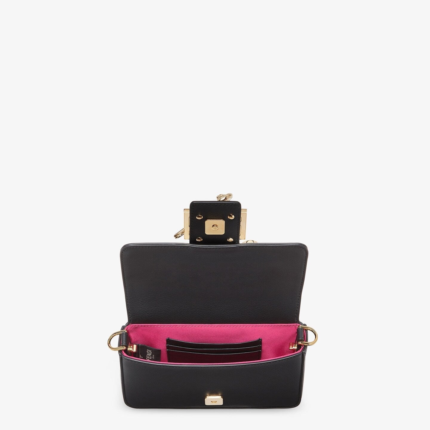 FENDI FENDI FENDACE BROOCH MINI 20 BAGUETTE BAG IN BLACK CALFSKIN