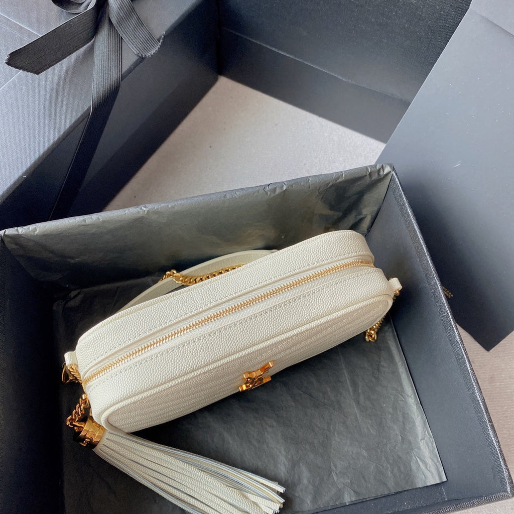 Saint Laurent LOU MINI CAMERA BAG 19 IN WHITE CAVIAR PATTERN CALFSKIN GOLD HARDWARE