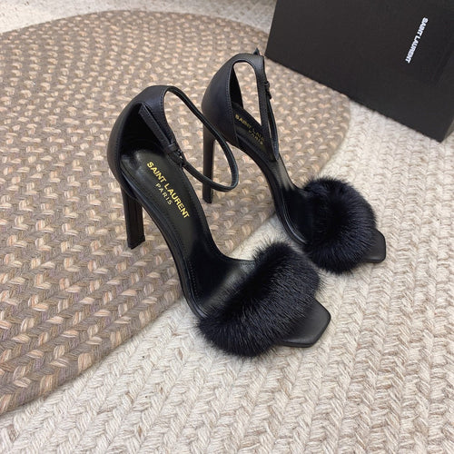 Saint Laurent HIGH HEELS SQUARE TOE IN BLACK MINK FUR