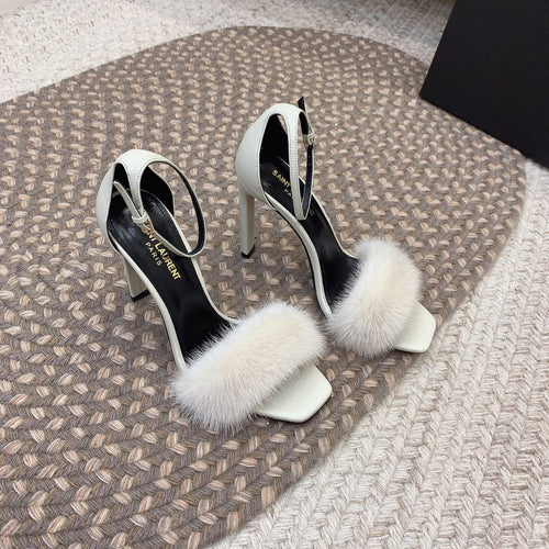 Saint Laurent HIGH HEELS SQUARE TOE IN WHITE MINK FUR