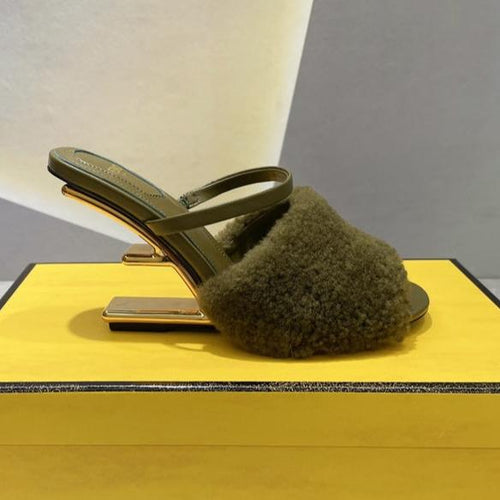 FENDI FENDI FIRST HIGH HEEL 95 MM SANDAL IN OLIVE GREEN MINK FUR