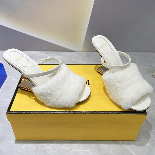 FENDI FENDI FIRST HIGH HEEL 95 MM SANDAL IN WHITE MINK FUR