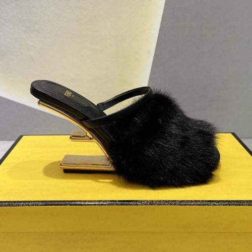 FENDI FENDI FIRST HIGH HEEL 95 MM SANDAL IN BLACK MINK FUR