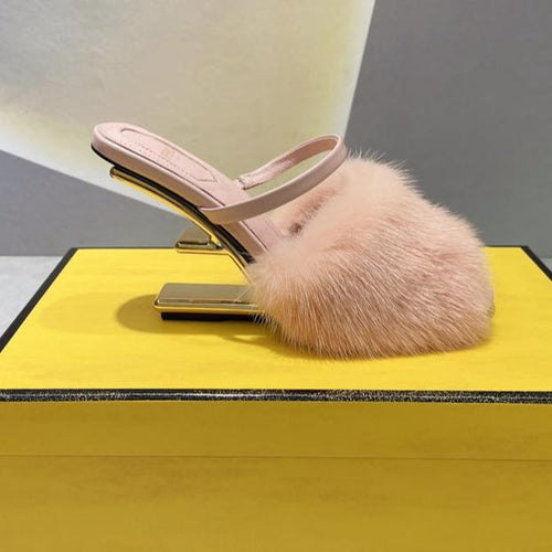 FENDI FENDI FIRST HIGH HEEL 95 MM SANDAL IN LIGHT PINK MINK FUR