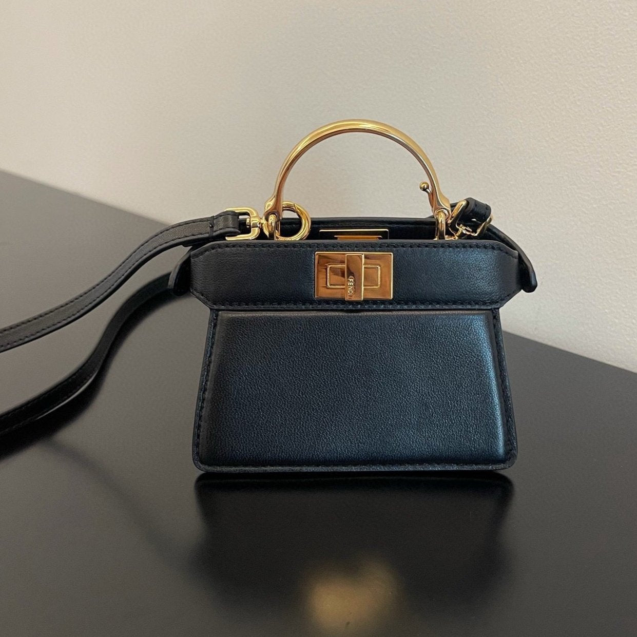 FENDI FENDI PEEKABOO ISEEU MICRO 12 BAG IN BLACK CALFSKIN WITH GOLD HARDWARE