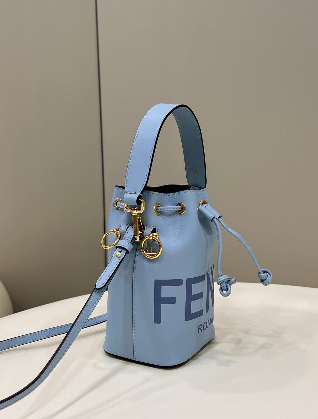 FENDI MON TRESOR MINI 18 BAG IN LIGHT BLUE CALFSKIN FF WITH GOLD HARDWARE