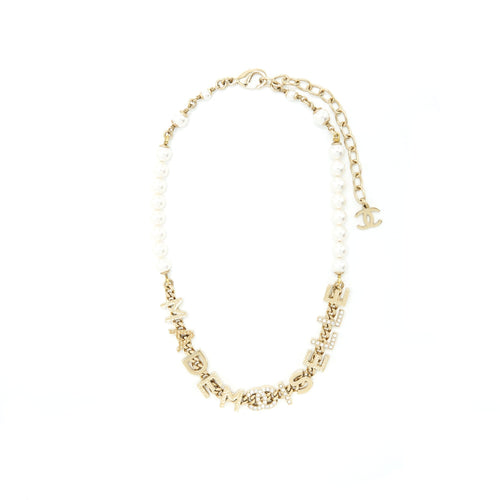 Chanel Letter And Pearl Choker Light Gold Tone