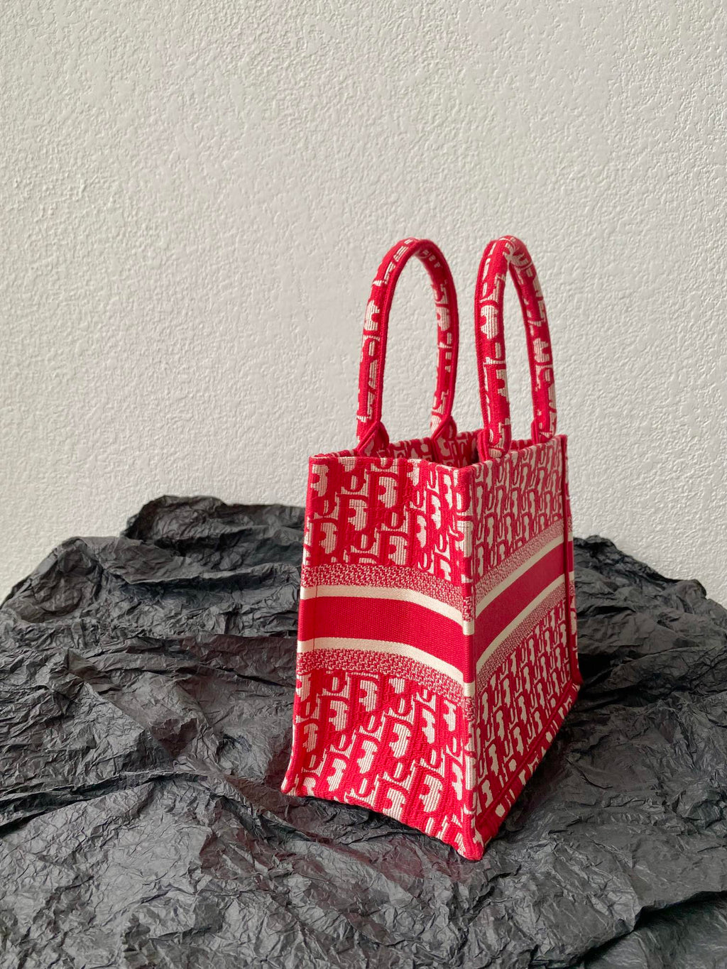 DIOR Small Book Tote 26.5cm Red Retro Style D Letter Embroidery