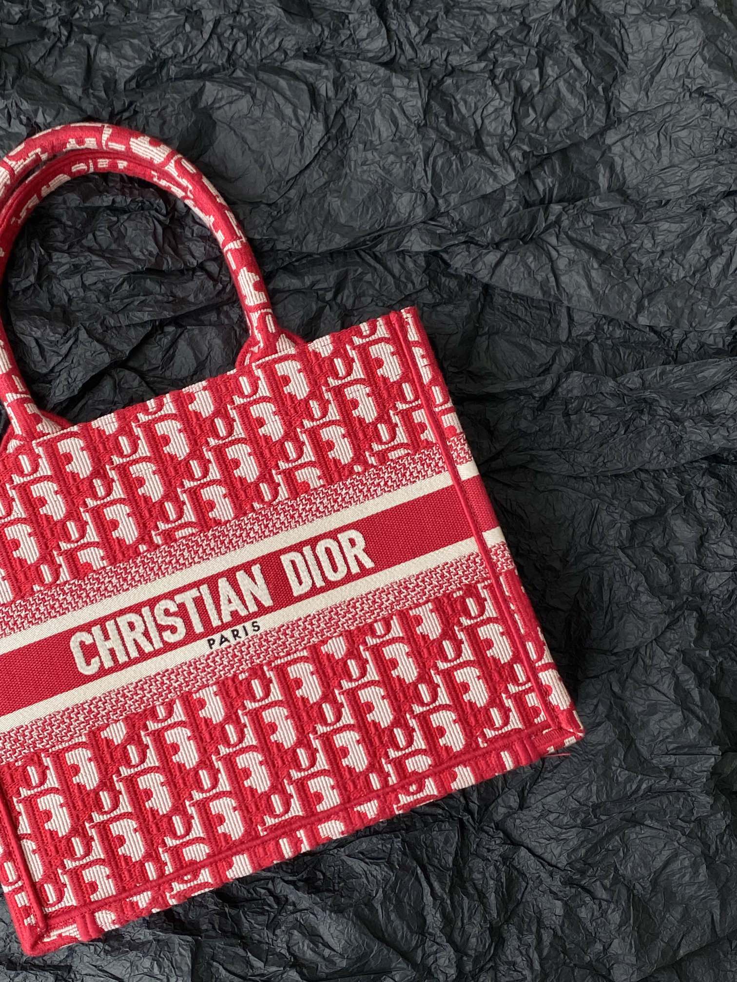 DIOR Small Book Tote 26.5cm Red Retro Style D Letter Embroidery