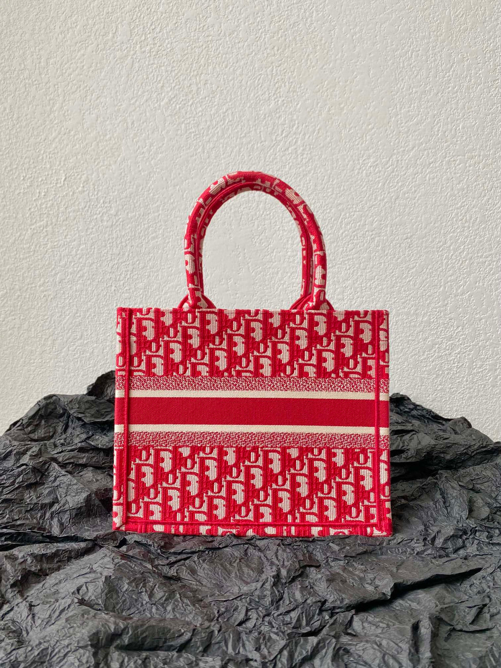 DIOR Small Book Tote 26.5cm Red Retro Style D Letter Embroidery
