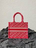 DIOR Small Book Tote 26.5cm Red Retro Style D Letter Embroidery