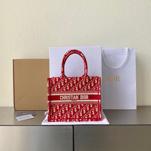 DIOR Small Book Tote 26.5cm Red Retro Style D Letter Embroidery