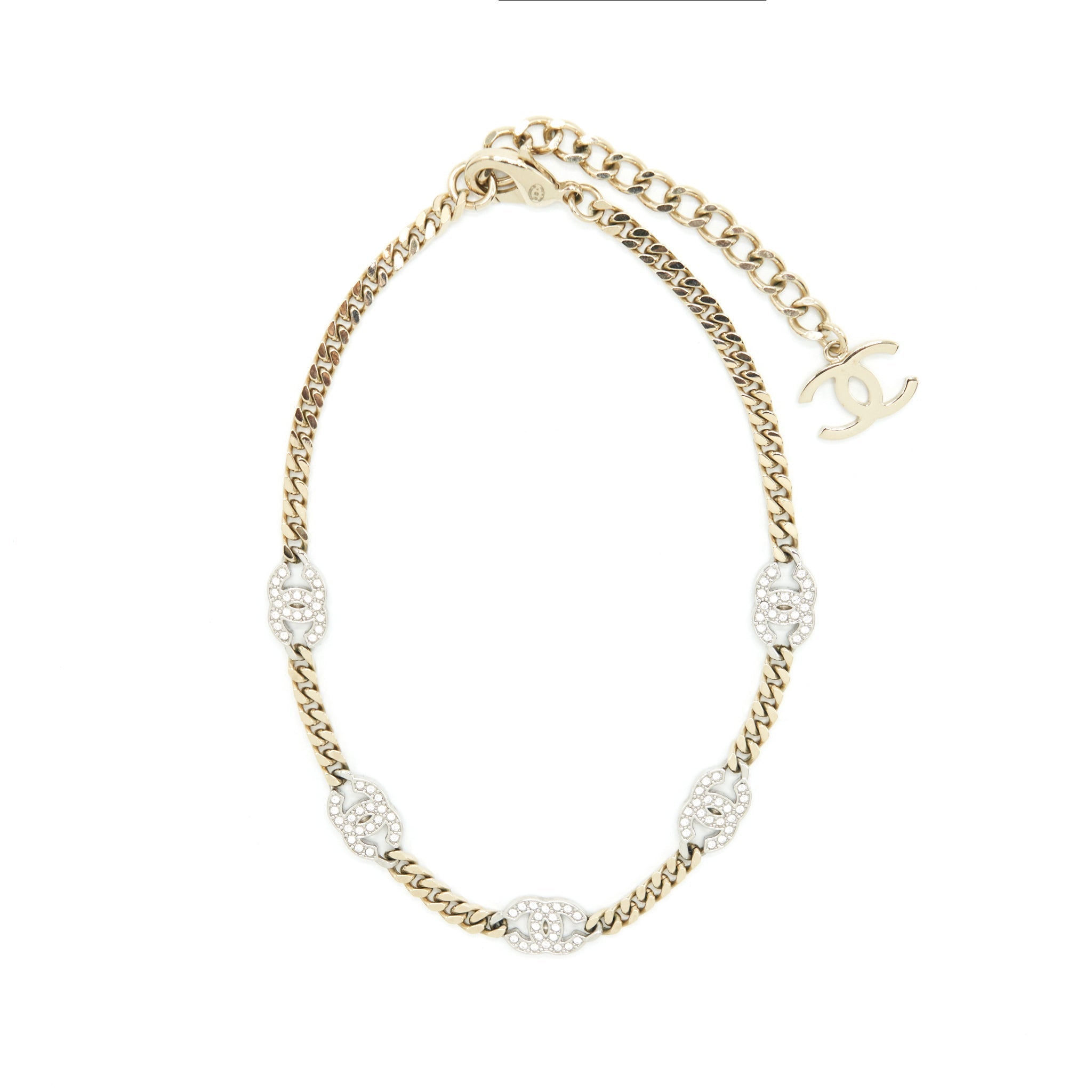 Chanel Mini CC Logo Choker/Double Chain Bracelet Light Gold Tone