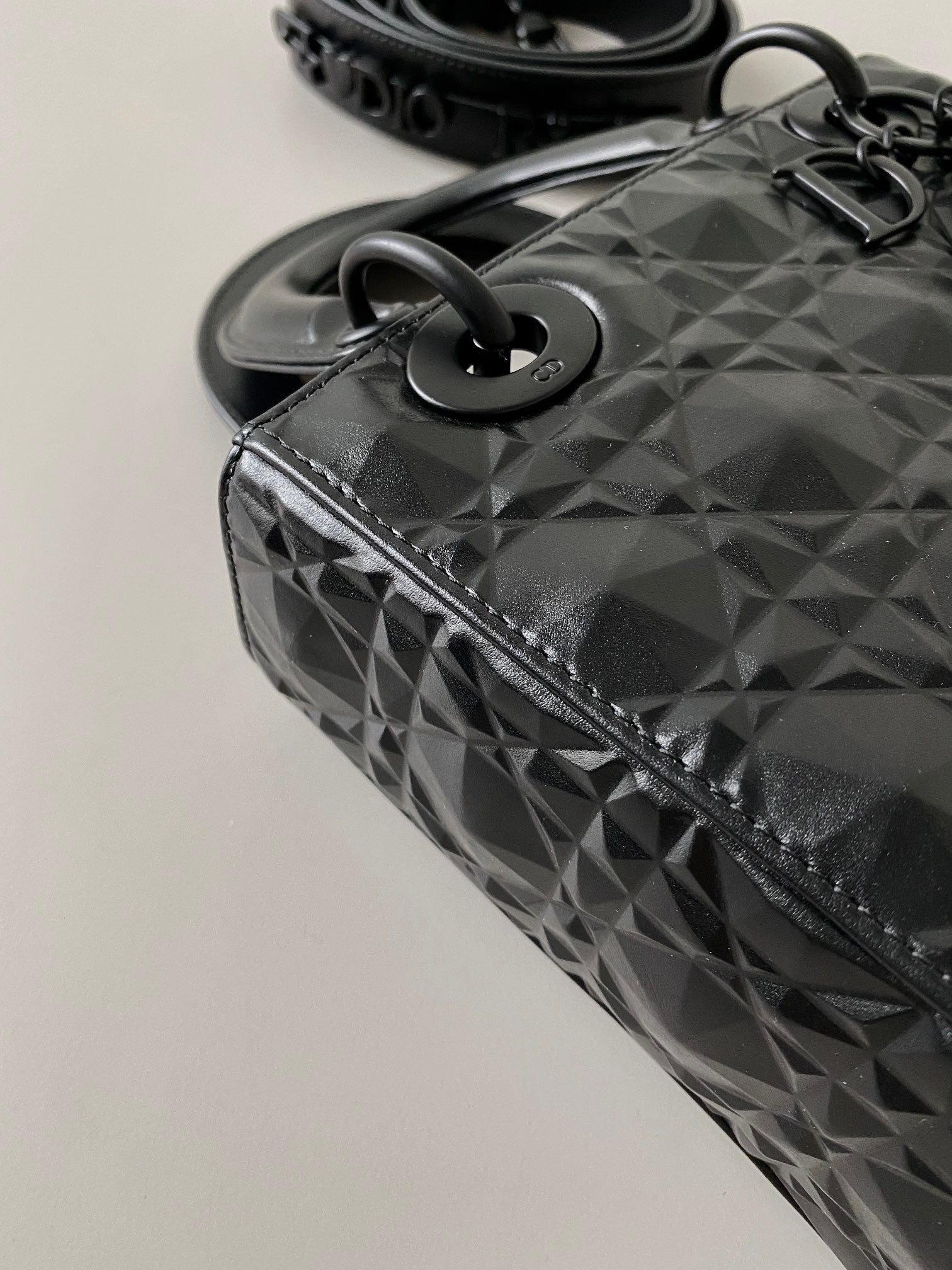 DIOR SMALL LADY 20 ALL BLACK LAMBSKIN DIAMOND MOTIF