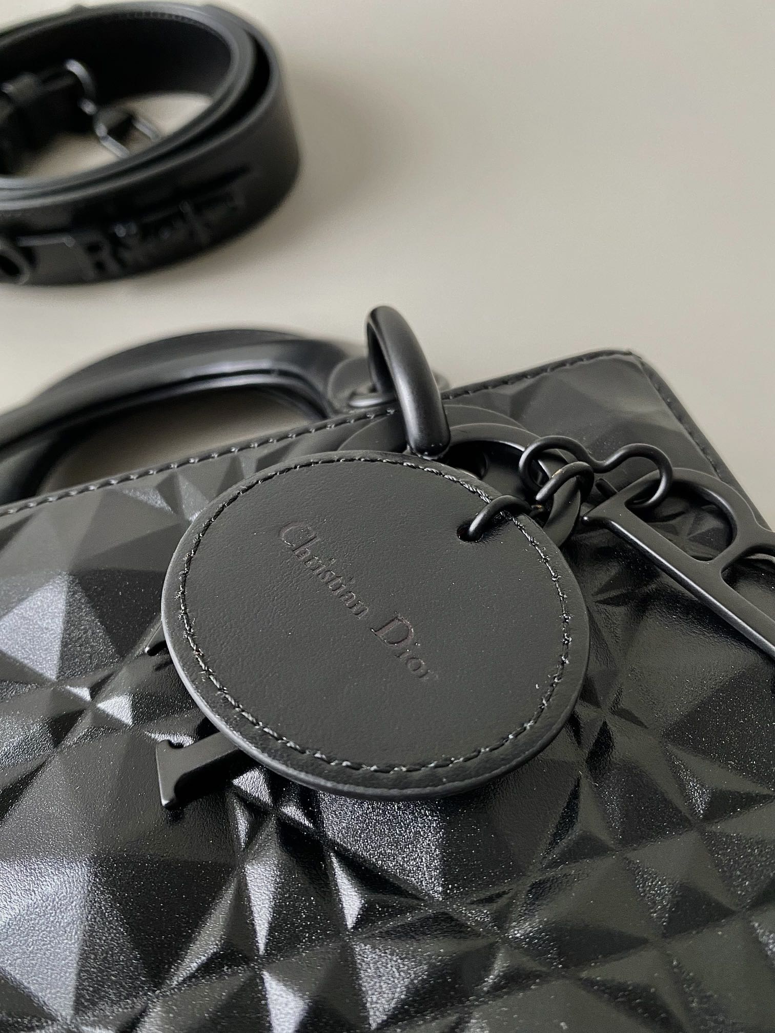 DIOR SMALL LADY 20 ALL BLACK LAMBSKIN DIAMOND MOTIF