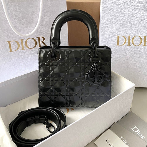 DIOR SMALL LADY 20 ALL BLACK LAMBSKIN DIAMOND MOTIF