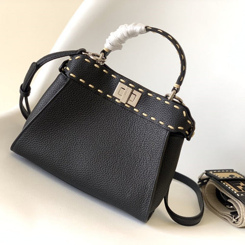 FENDI Peekaboo Mini Selleria Bag 23cm black leather shw with 220 hand-sewn stitches