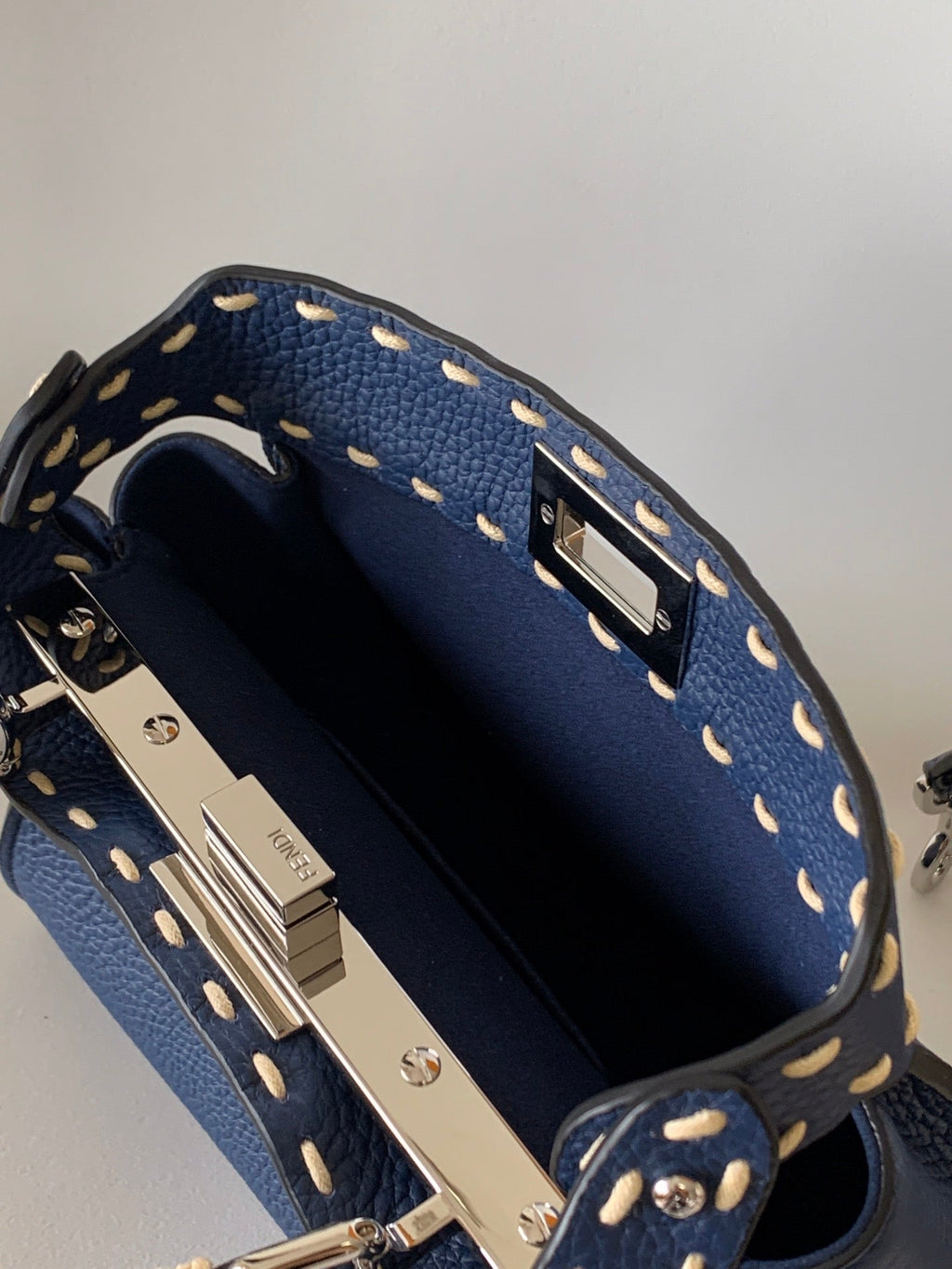 FENDI Peekaboo Mini Selleria Bag 23cm blue leather shw with 220 hand-sewn stitches