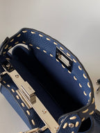 FENDI Peekaboo Mini Selleria Bag 23cm blue leather shw with 220 hand-sewn stitches