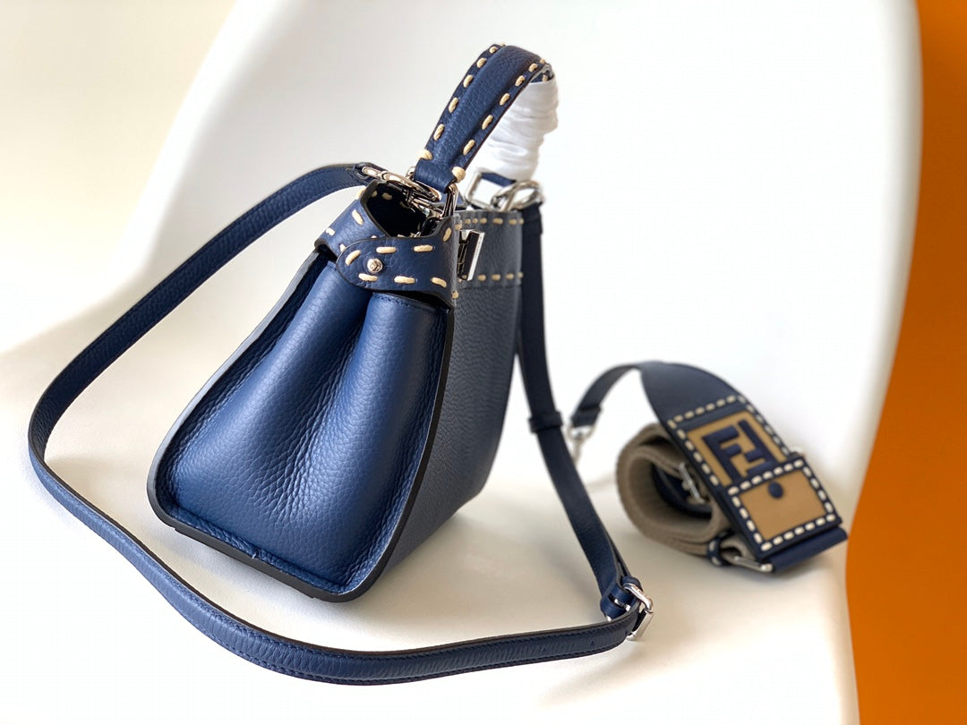 FENDI Peekaboo Mini Selleria Bag 23cm blue leather shw with 220 hand-sewn stitches