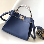 FENDI Peekaboo Mini Selleria Bag 23cm blue leather shw with 220 hand-sewn stitches