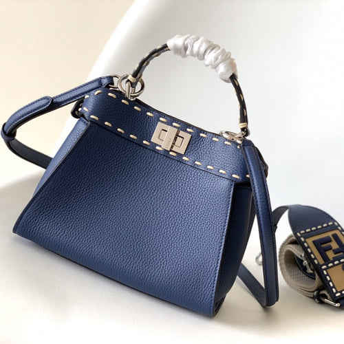 FENDI Peekaboo Mini Selleria Bag 23cm blue leather shw with 220 hand-sewn stitches