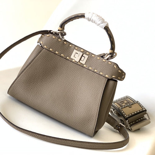 FENDI Peekaboo Mini Selleria Bag 23cm brown leather shw with 220 hand-sewn stitches