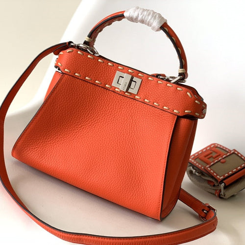 FENDI Peekaboo Mini Selleria Bag 23cm red leather shw with 220 hand-sewn stitches