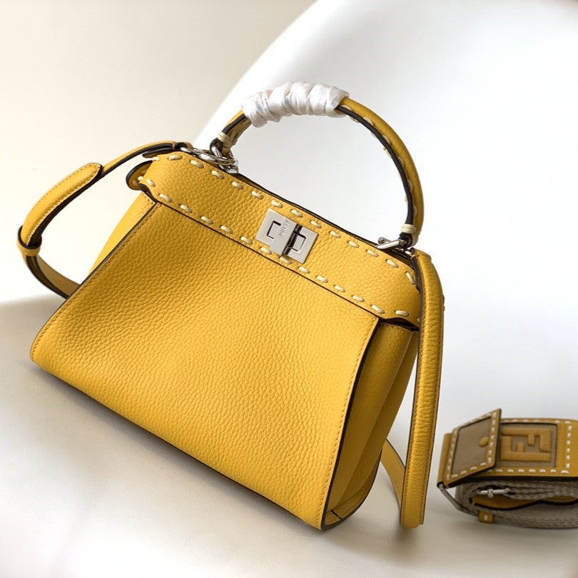 FENDI Peekaboo Mini Selleria Bag 23cm yellow leather shw with 220 hand-sewn stitches