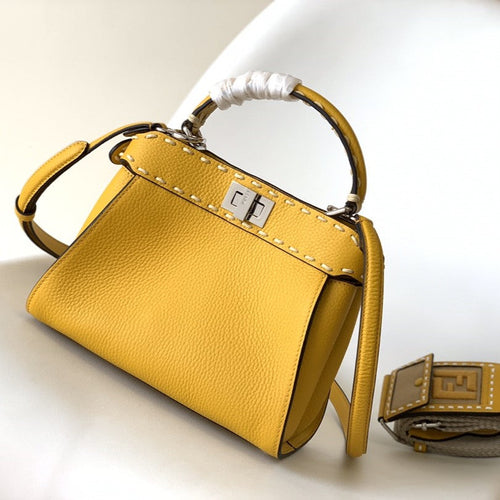 FENDI Peekaboo Mini Selleria Bag 23cm yellow leather shw with 220 hand-sewn stitches