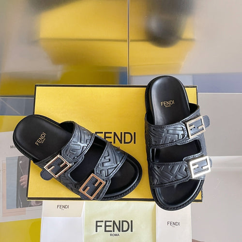 FENDI FENDI BAGUETTE DAD SANDALS IN BLACK EMBOSSED CALFSKIN WITH GOLD HARDWARE