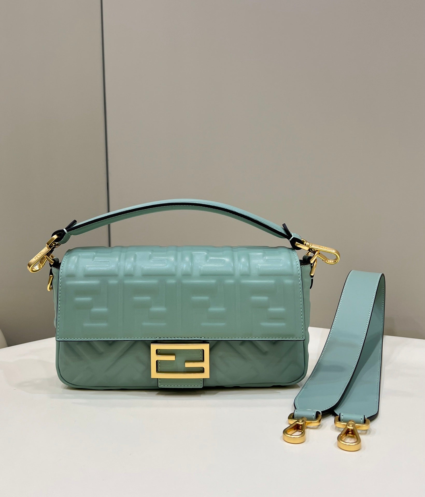 FENDI Baguette 27cm Powder Blue Lambskin Gold Hardware