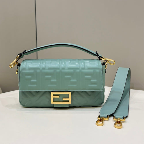 FENDI BAGUETTE WITH FF MOTIF 27 IN VIRIDIAN GREEN SOFT LAMBSKIN GOLD HARDWARE