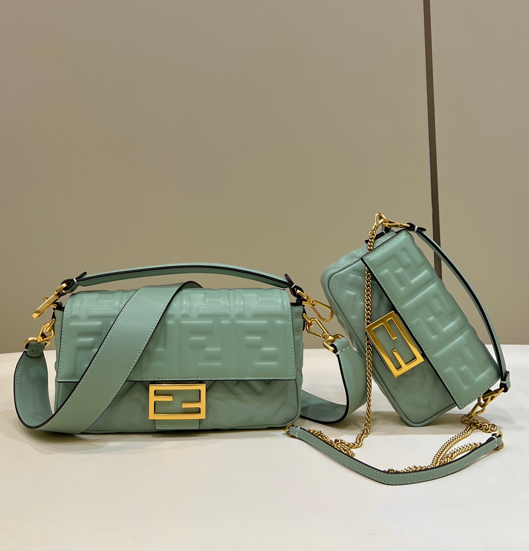 FENDI Baguette 27cm Powder Blue Lambskin Gold Hardware
