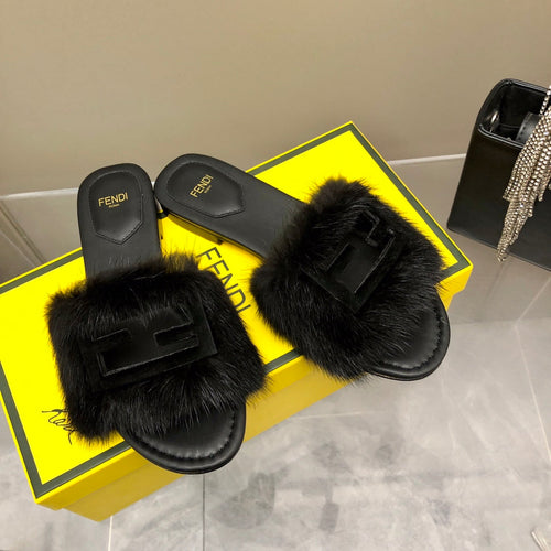 FENDI FENDI BAGUETTE MINK SLIDE SLIPPER IN BLACK FUR