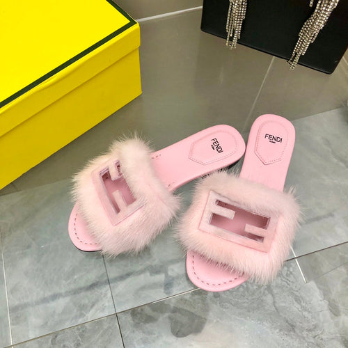 FENDI FENDI BAGUETTE MINK SLIDE SLIPPER IN LIGHT PINK FUR