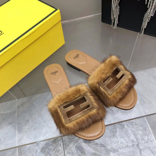 FENDI FENDI BAGUETTE MINK SLIDE SLIPPER IN SEPIA BROWN FUR