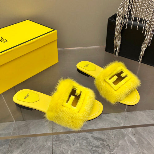 FENDI FENDI BAGUETTE MINK SLIDE SLIPPER IN BRIGHT YELLOW FUR