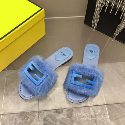 FENDI FENDI BAGUETTE MINK SLIDE SLIPPER IN ELECTRIC BLUE FUR