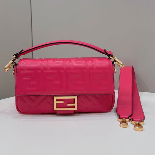 FENDI BAGUETTE WITH FF MOTIF 27 IN CERISH PINK SOFT LAMBSKIN GOLD HARDWARE