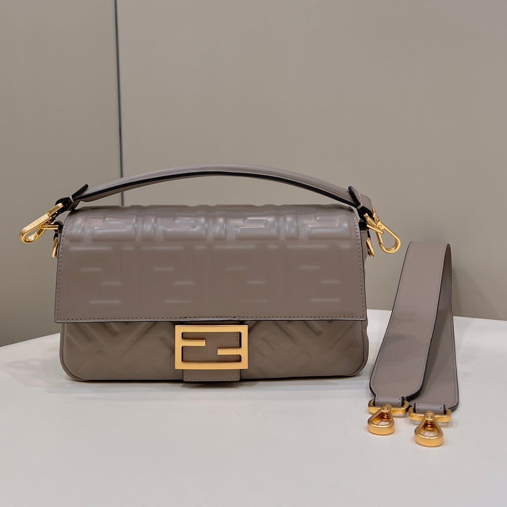 FENDI BAGUETTE WITH FF MOTIF 27 IN PINE CONE SOFT LAMBSKIN GOLD HARDWARE