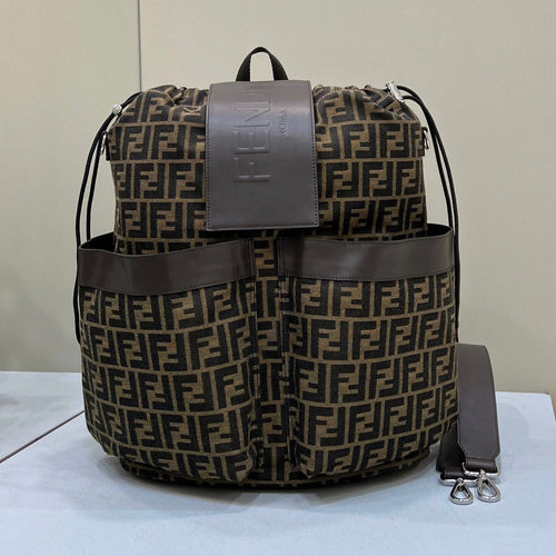 FENDI FENDI STRIKE LARGE 46 FF MOCHA BROWN JACQUARD FABRIC BACKPACK