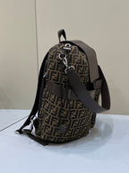 FENDI FENDI STRIKE LARGE 46 FF MOCHA BROWN JACQUARD FABRIC BACKPACK