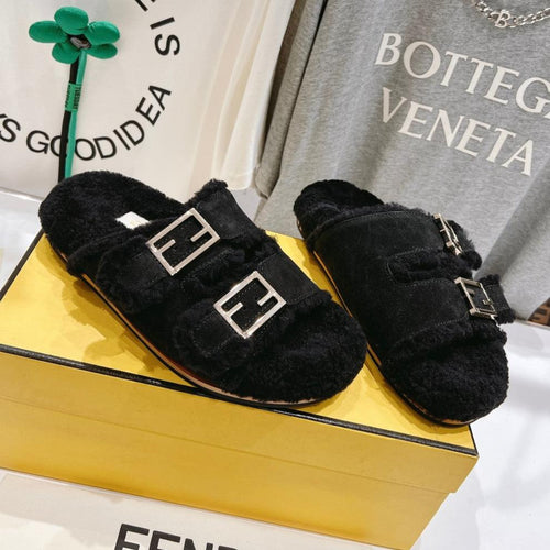 FENDI FENDI DAD SANDAL MULE IN BLACK SUEDE WITH FLEECE WITH GOLD HARDWARE