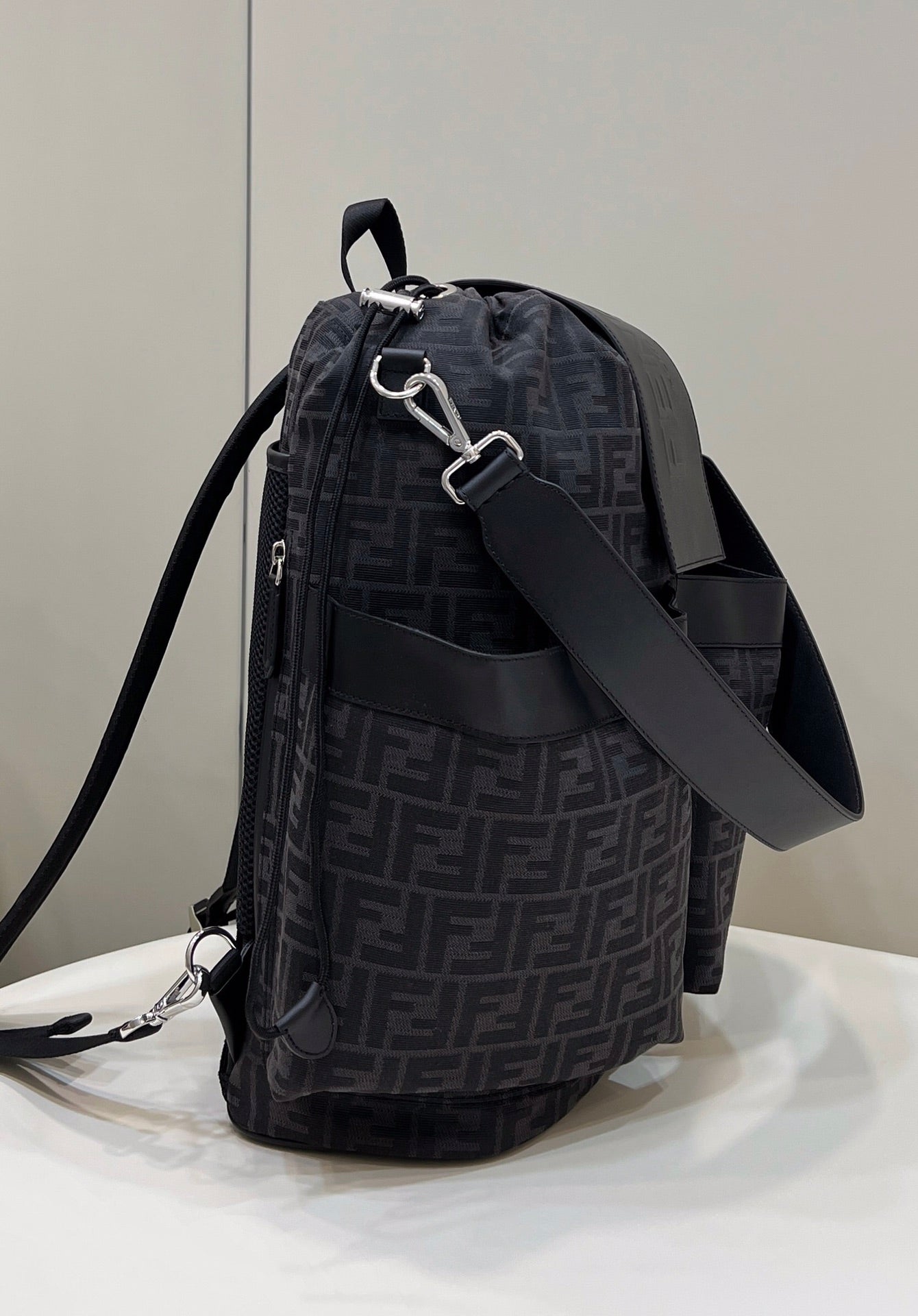 FENDI FENDI STRIKE LARGE 46 FF BLACK JACQUARD FABRIC BACKPACK